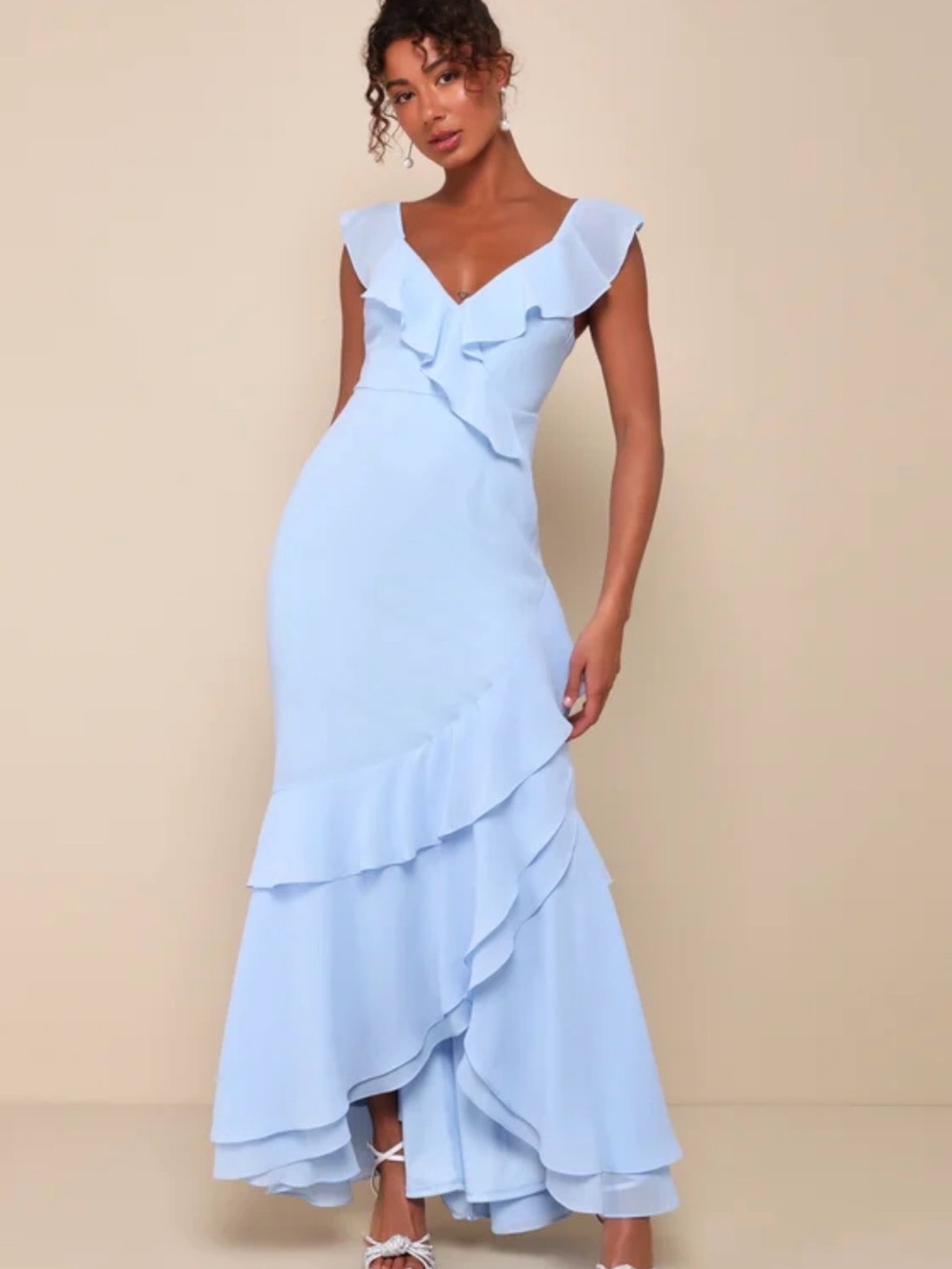 NWT lulus CHARMING EVENT Light Blue Asymmetrical Ruffle Maxi Dress Small